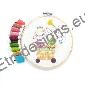 Cat and dog in a carriage hand embroidery hoop art
