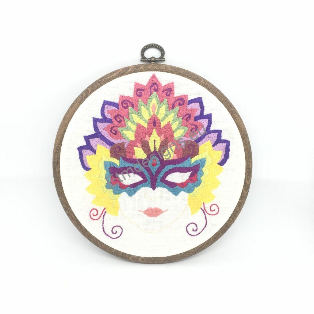 Rio carnival mask colorful embroidery in a hoop frame