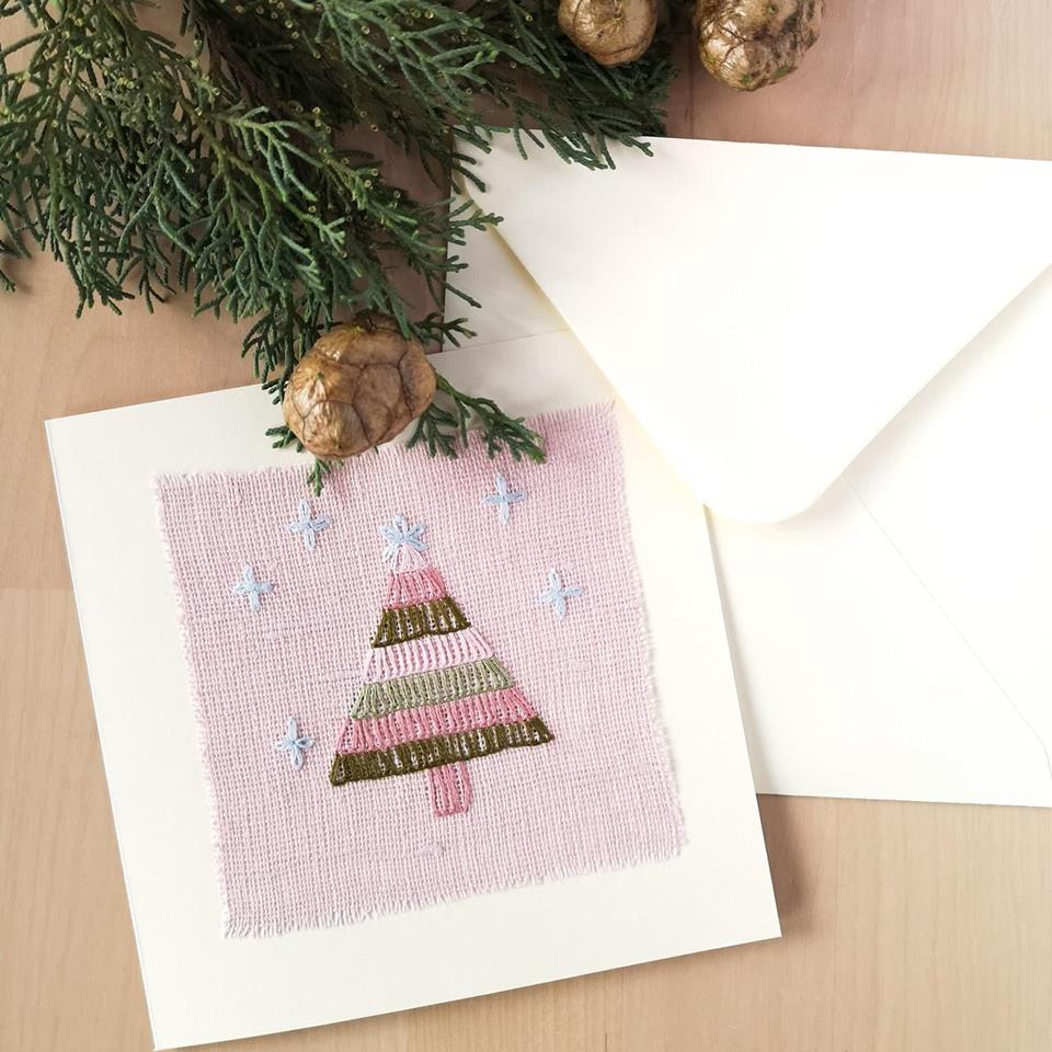 Blanket stitch sewing video tutorial 3 Greeting card with hand embroidered Christmas tree on pink linen